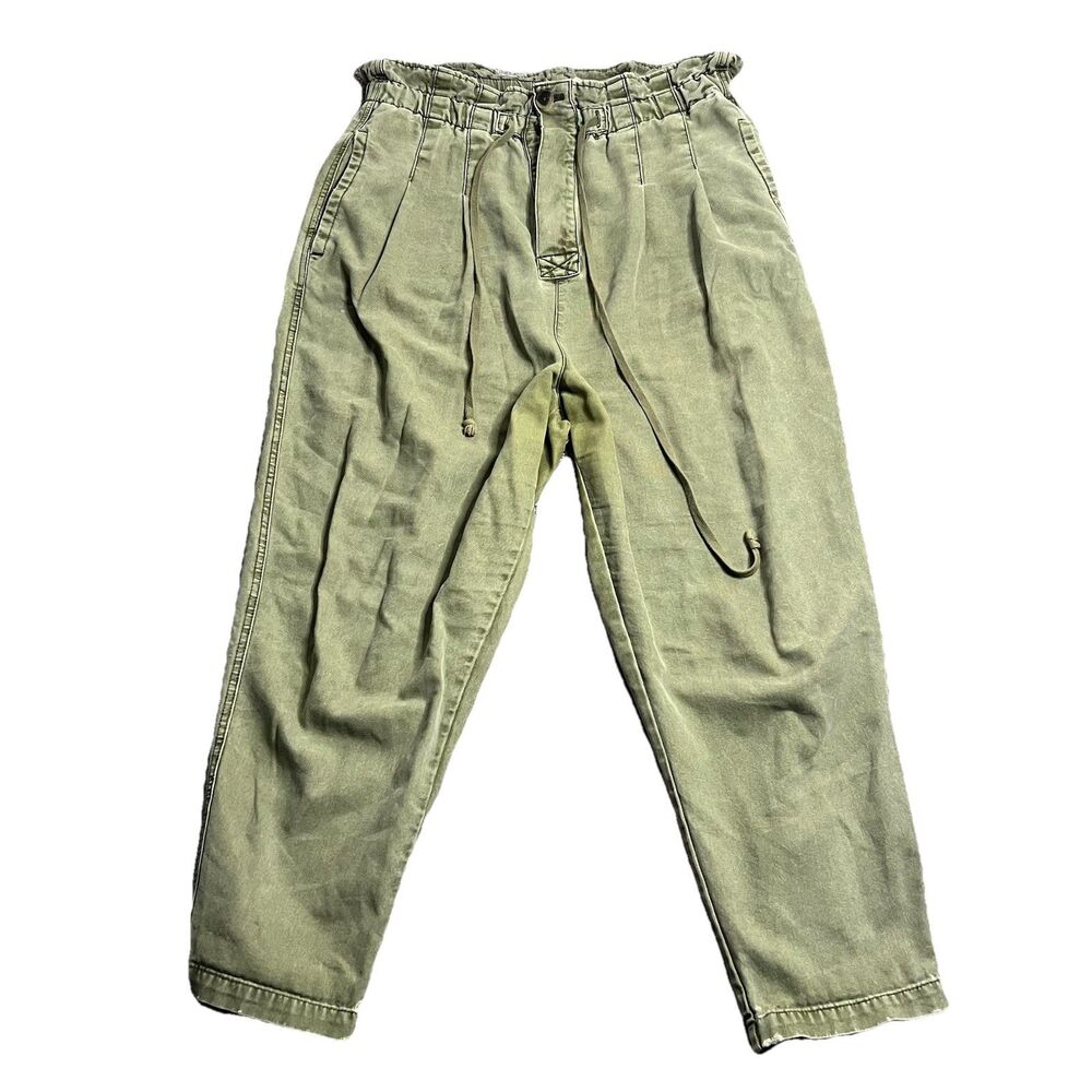 Free People Margate Pleated Trousers Pants Green Tapered Baggy Loose Size Large